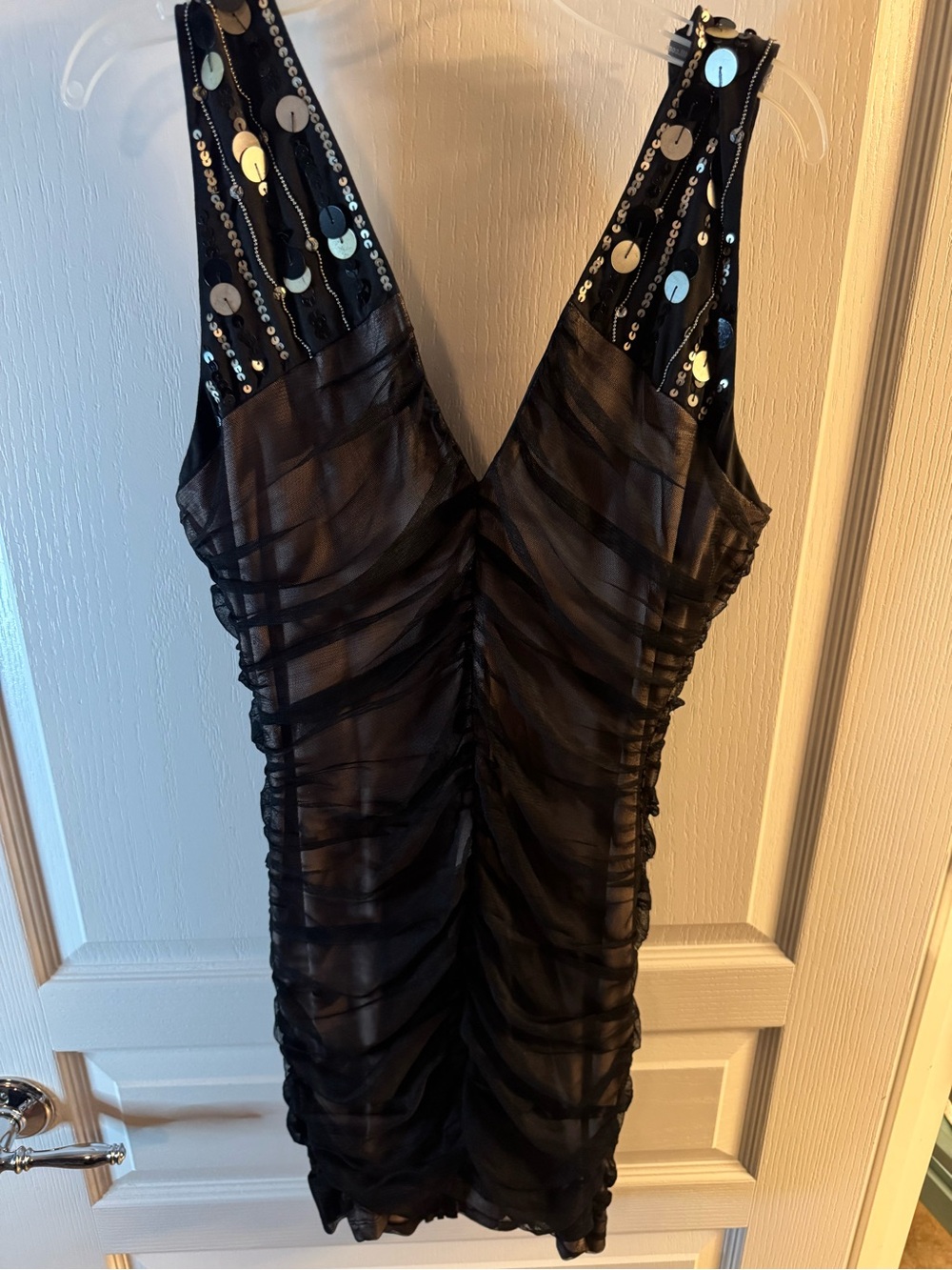 Black Sequin Detail Sheer Ruched Party Dress